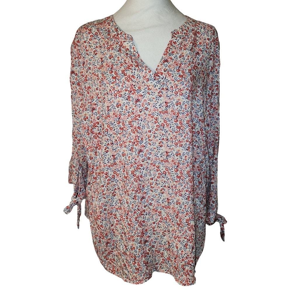Soiree Floral V-Neck Blouse 1X Coral Red Blue Rayon Tie Cuff Long Sleeve Top
